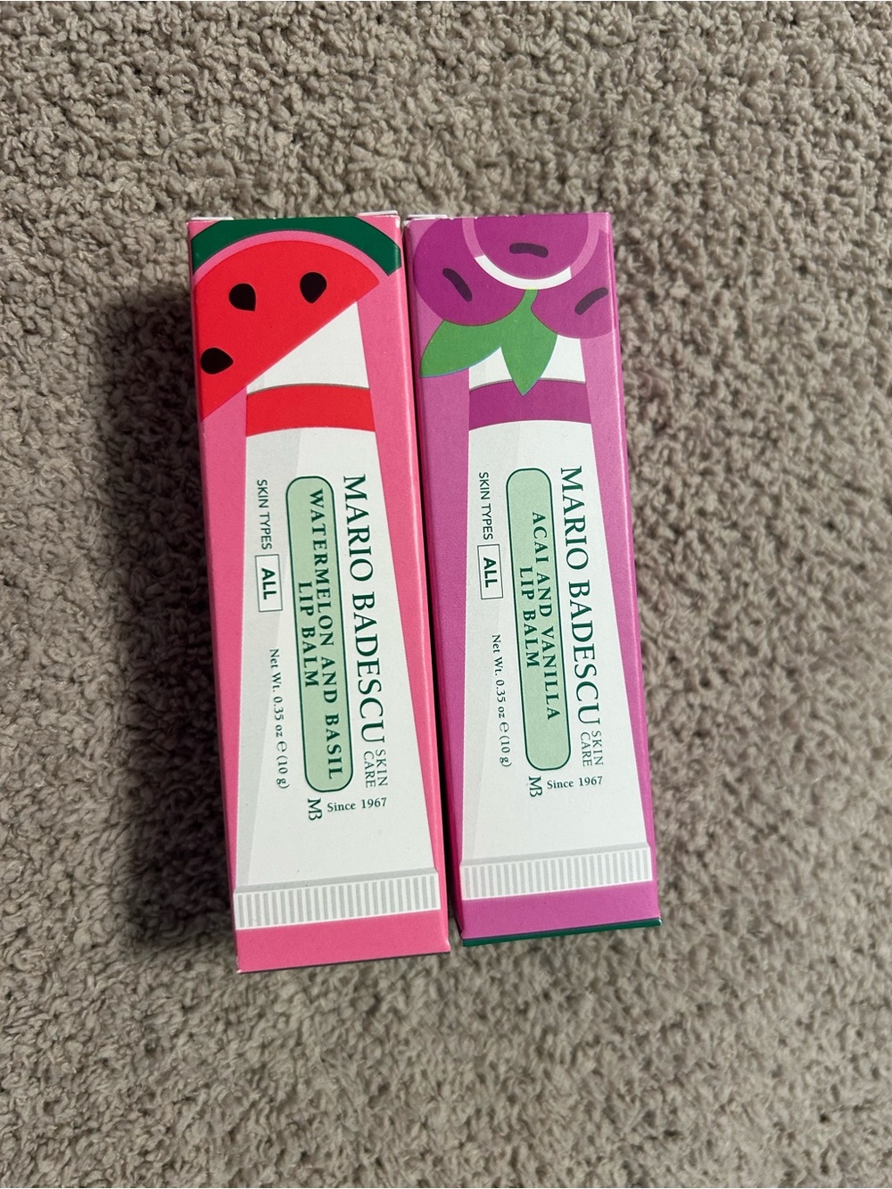 Mario Badescu Watermelon & Acai Lip Balm Duo in Pink and Purple Boxes